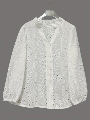 White Long-sleeved V-neck Lace Shirts