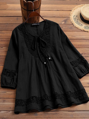 Tie-up Cotton And Linen Patchwork Lace Three-quarter Sleeve T-shirt