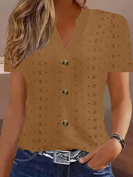 Knitting Buttons V-neck Short Sleeve T-shirts