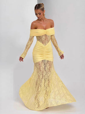 Schulterfreie, hohle Spitzeneinsätze, langärmelige, hüftbetonte Maxikleider