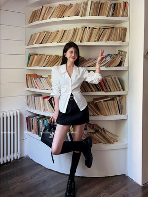 White Collared Long-sleeved Shirt For Women, Slim Fit, Waist-cinching Design, Unique And Stylish Top.