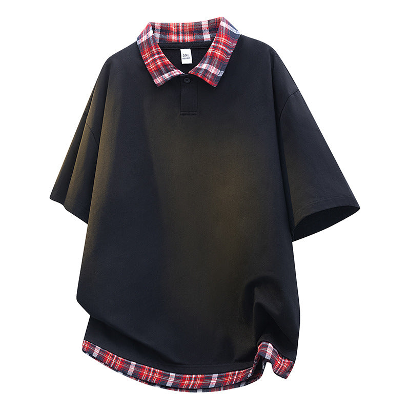 Layered-look Patchwork Plaid POLO Shirt