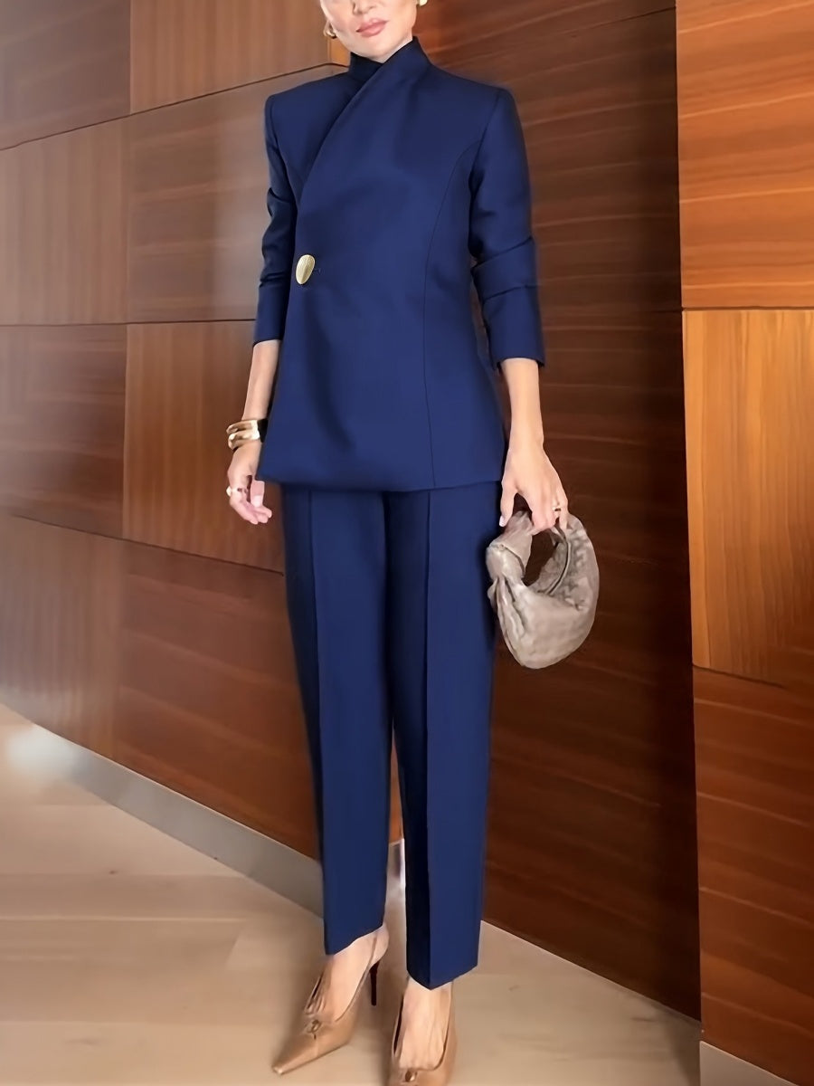 Blue Slanted Placket Design Blazers Straight-leg Pants 2-piece Sets