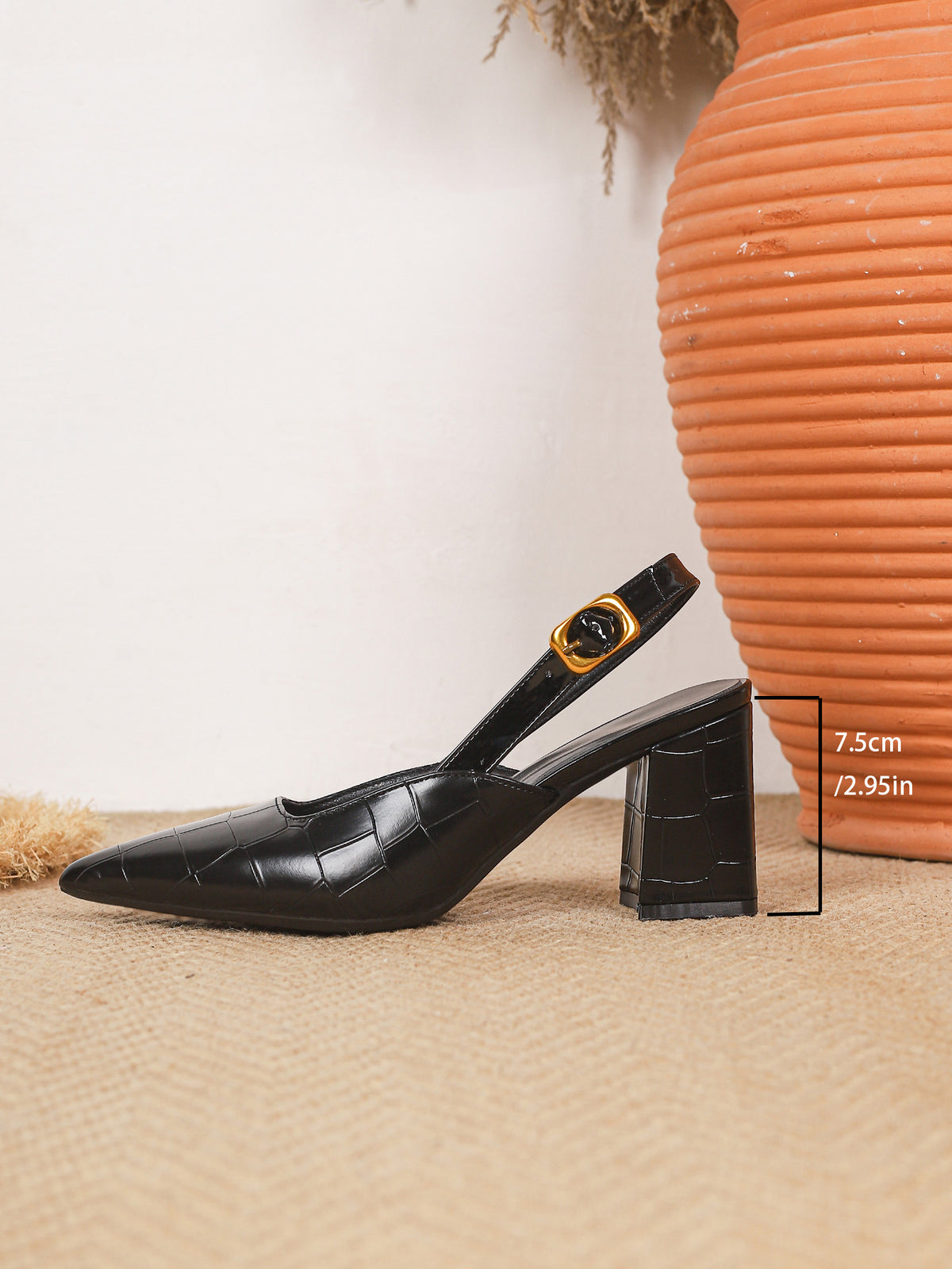 Pointed-toe Embossed Patchwork Open-back High Heels