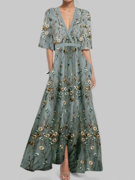 Pattern Printed Temperament V-neck Lace Up Large Skirt Maxi Dresses