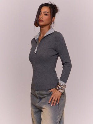 Wool Blend Color-blocked Half-zip Stand Collar Ribbed Pullover Sweater