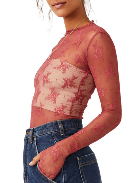 Lace See-through Sexy Mesh Mock Neck Long-sleeved Top
