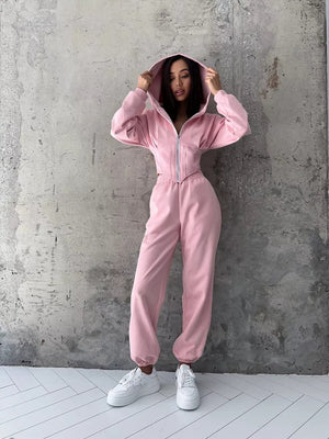 Liber Autumn women's clothing waist design Hooded Zippered solid color long-sleeved cardigan two-piece set