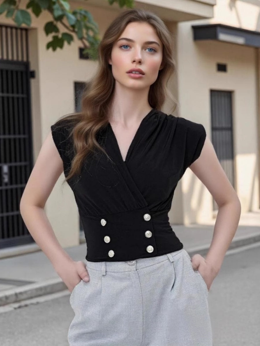 Black V-neck Cross Neck Double-row Pearl Buttons Commuting T-shirts