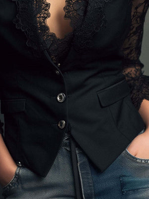 Lace Stitching V-neck Buttons Blouse