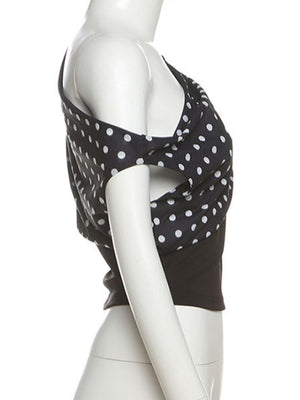 Polka Dots One-shoulder Off-shoulder Cropped Top And Cinched Waist Tank Tops&Camis
