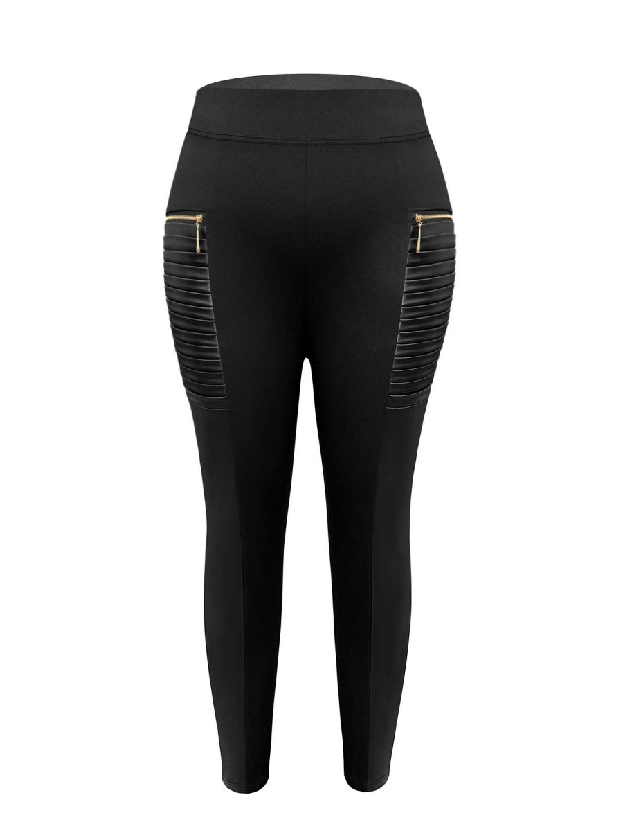 Zipper Spliced Leather Stretch High Waist Skinny Jeans Pants