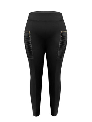 Zipper Spliced Leather Stretch High Waist Skinny Jeans Pants