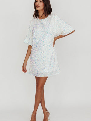 Crew Neck Sequins European And American Style Short Sleeve Loose Bandage Parties Christmas Short Dress