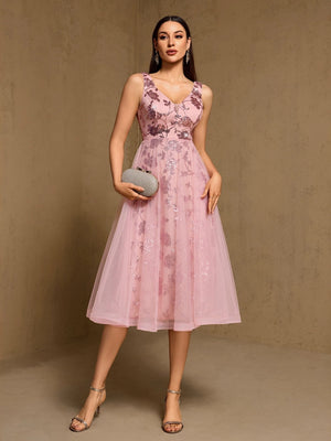 Embroidery Sequins Mesh Sweet Reunion Midi Dresses
