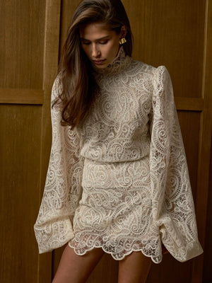 Lantern Sleeve High Neck Lace Two-piece Set