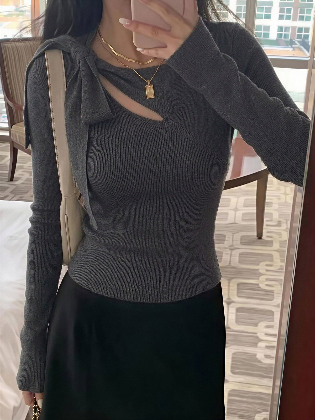Wool Shoulder Strap Bow Openwork Asymmetrical Neck Long-sleeved Sweater