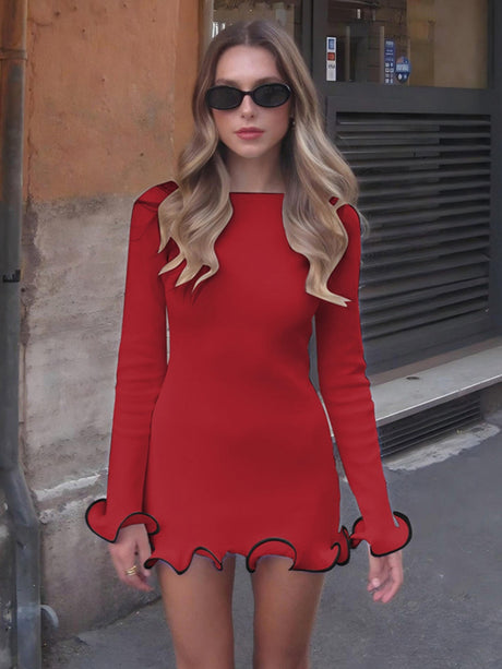 Elegant Solid Color Round Neck Long Sleeve Slim Fit Ruffle Dress
