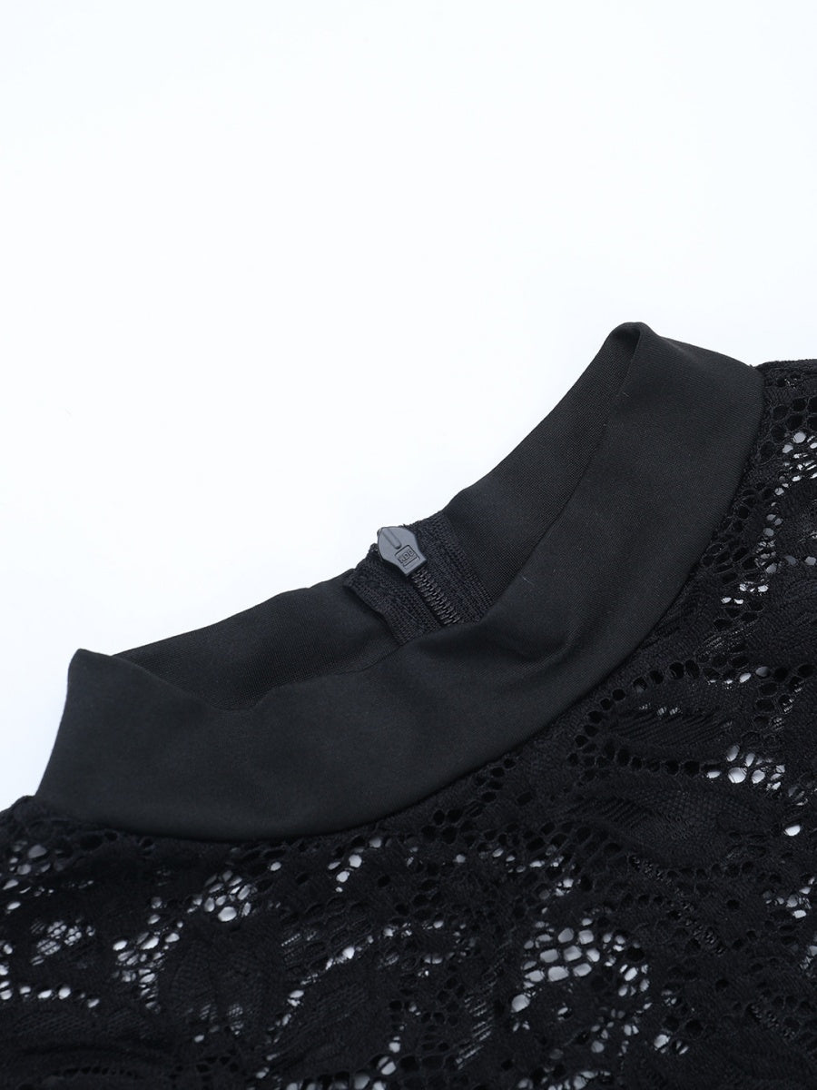 Lace Crew Neck Long Sleeve Ribbon Slim Fit Hip-hugging Mini&Short Dresses