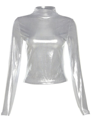 Halb-Rollkragen-Langarm-T-Shirts aus Lackleder in Metallic-Farben