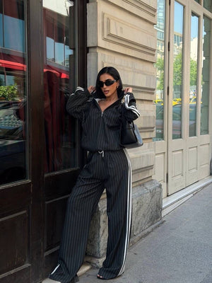 Women's Vertical Striped Three-Stripe Tracksuit Stand-up Collar Zip-up Jacket And High-waisted Wide-leg Trousers Two-piece Set