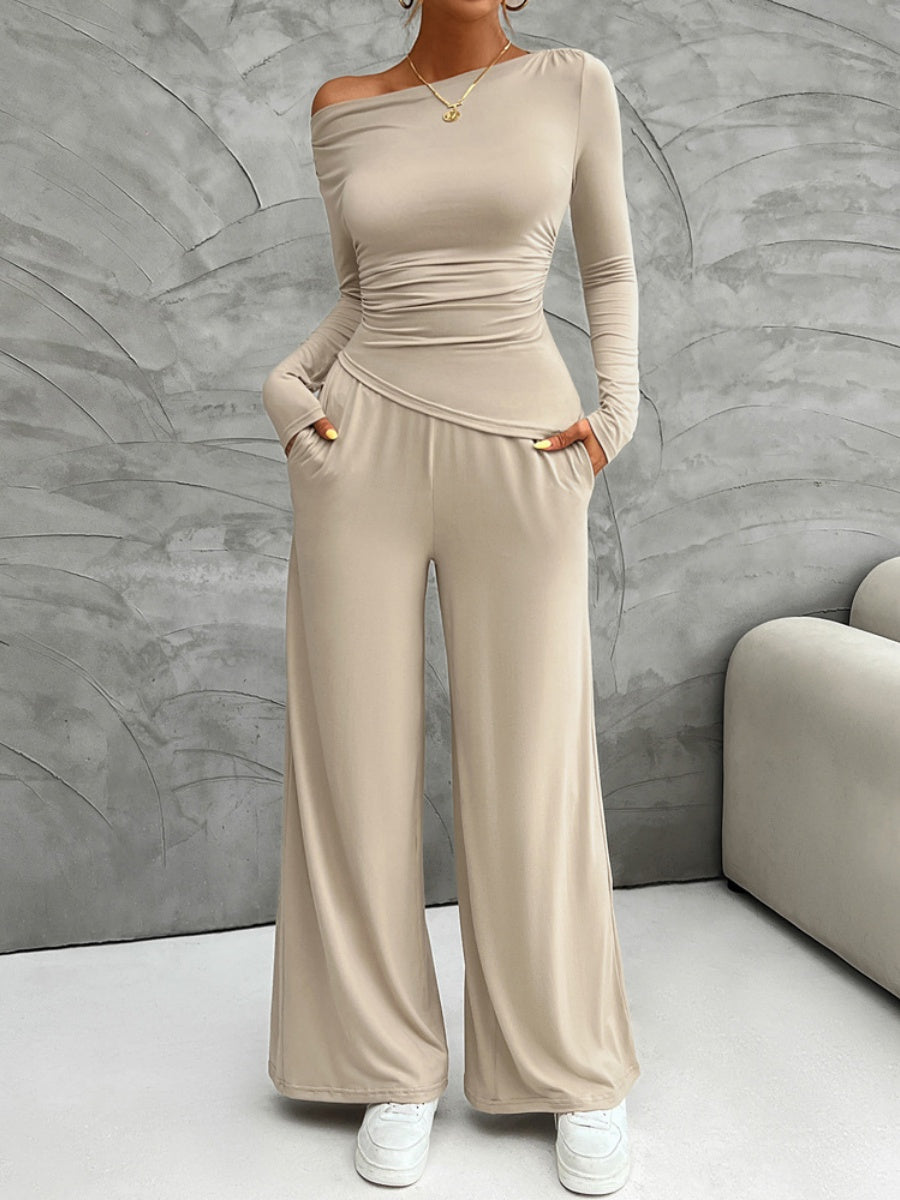 Leisure Pleated Solid Color Long Sleeve 2-piece Sets