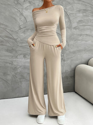 Leisure Pleated Solid Color Long Sleeve 2-piece Sets