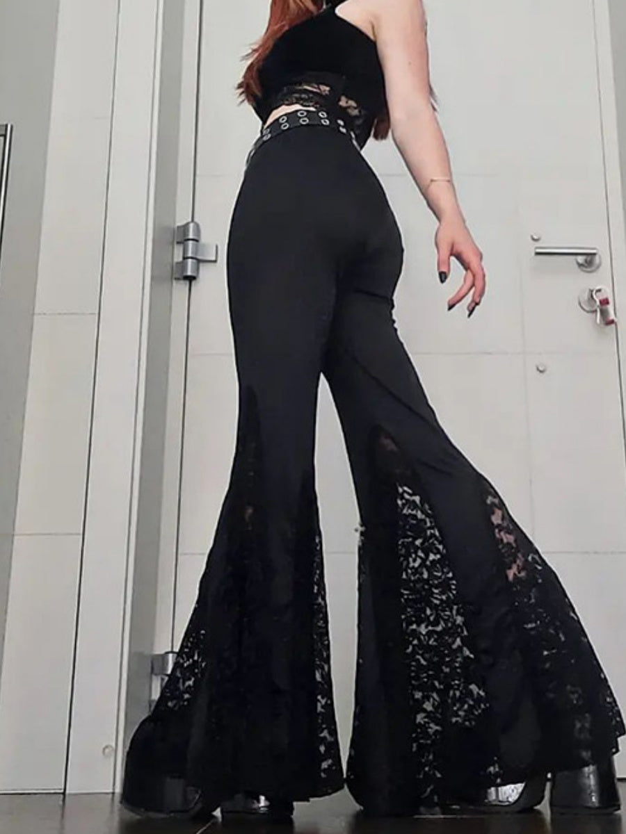 Hollow Lace Black Slightly Flared Pants