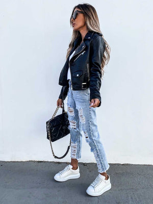 Vestes courtes en cuir PU avec poche zippée