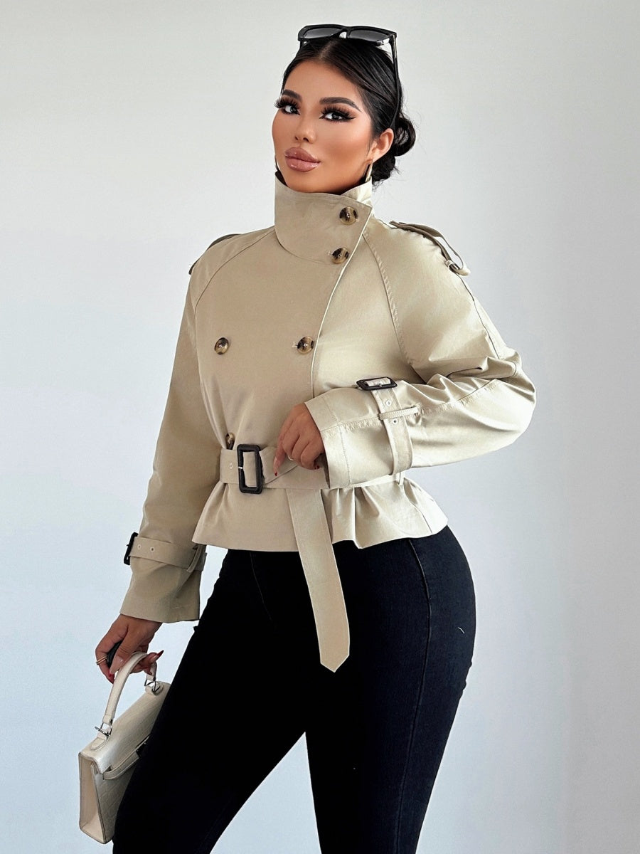 Belt Turtleneck Khaki Slim Fit Short Trench Coats