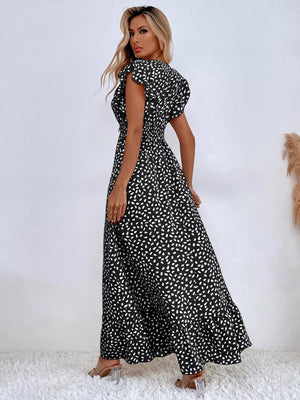 Floral Lotus Leaf Sleeves V-neck Vacation And Leisure Maxi Dresses