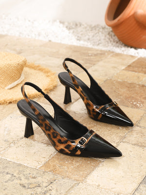 Pointed-toe Leopard Print Patchwork Open-back High Heels