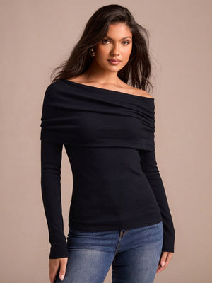 Wool Folded Off-shoulder Long-sleeved Sweater