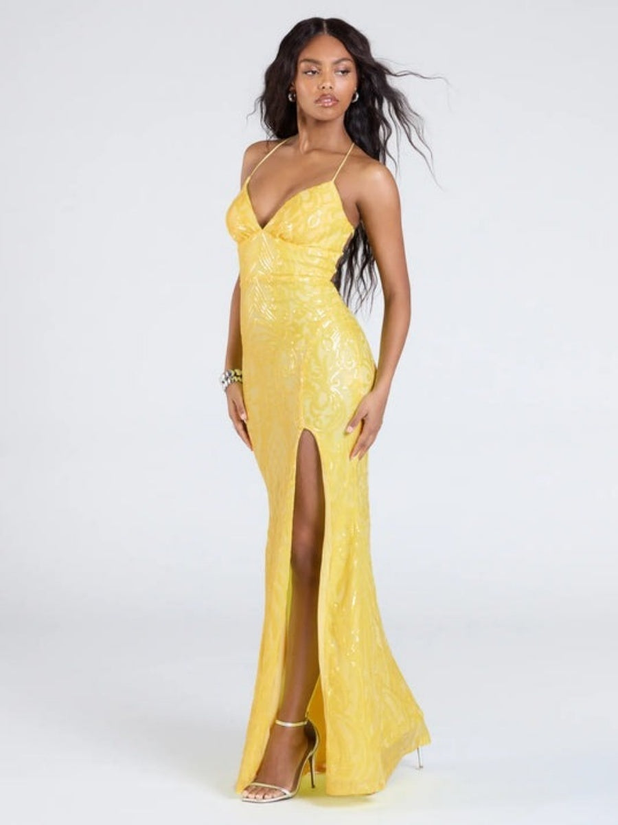 Robe longue de soirée bandage à sequins et décolleté en V