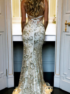 Camisoles V-neck Backless Sequins Lace Up Formal Dress Dinner Maxi Dresses