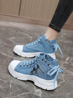 Heart Zipper Denim High-Top Casual Sneakers