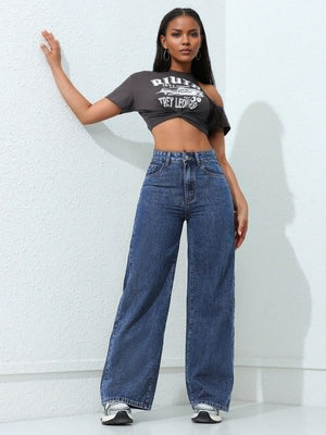 High Waist Wash Water Straight Jeans