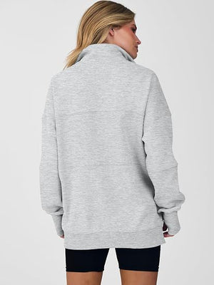 Women's Autumn/Winter Solid Color Half-Zip Long-Sleeve Side-Slit Sweatshirt