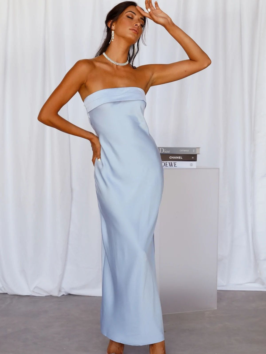 Bandeau Elasticity Backless Knitting Satin Sexy Maxi Dresses