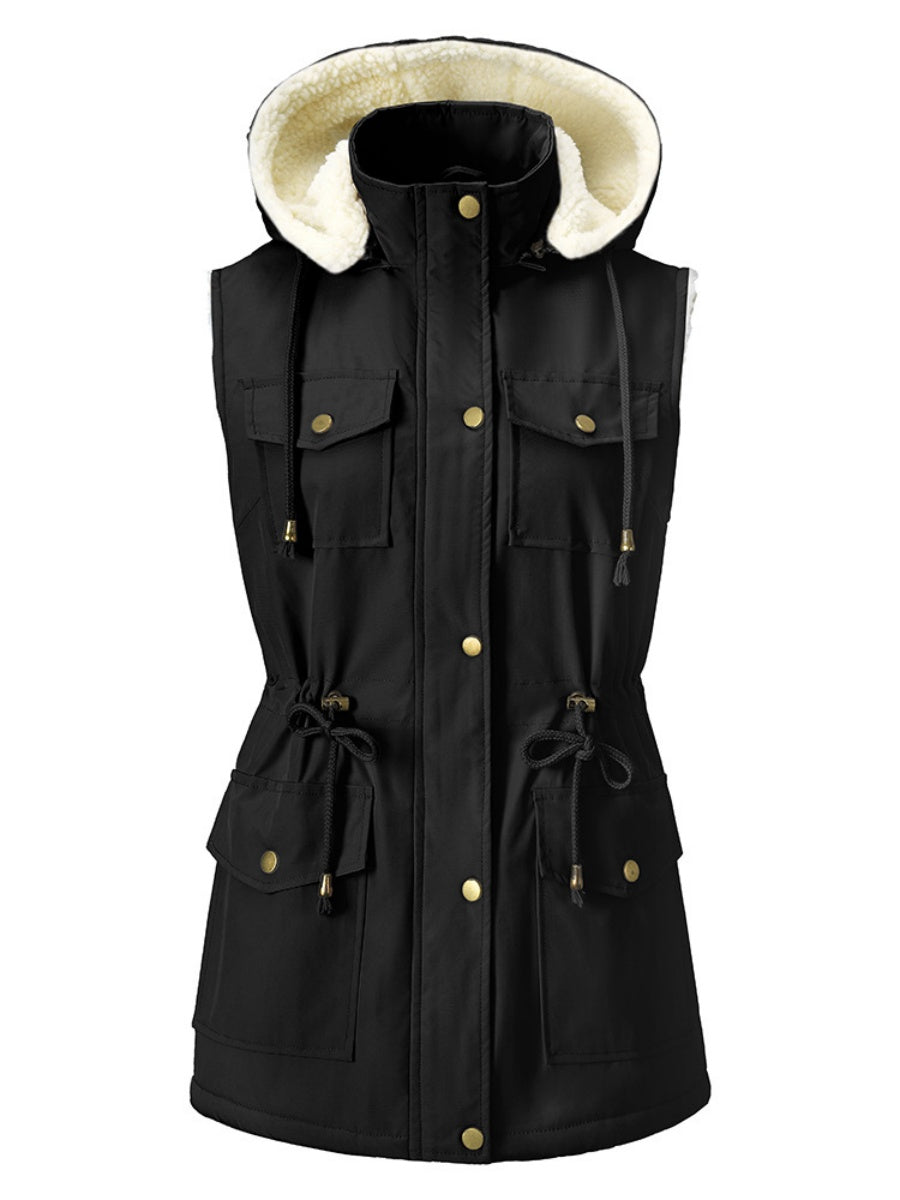 Vest-style Hooded Vests Imitation Lambskin Multi-pocket Sleeveless Workwear Jacket/windbreaker
