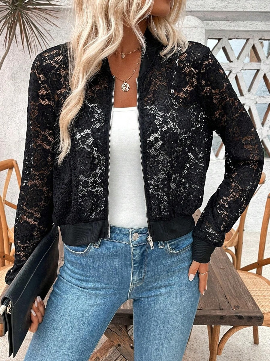 Short Lace Jacquard Lace Perspective Zipper Jacket Jackets