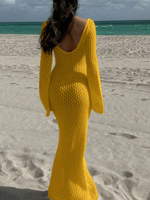 V-neck Round Button Long-sleeved Vacation Maxi Dress/beach Wear