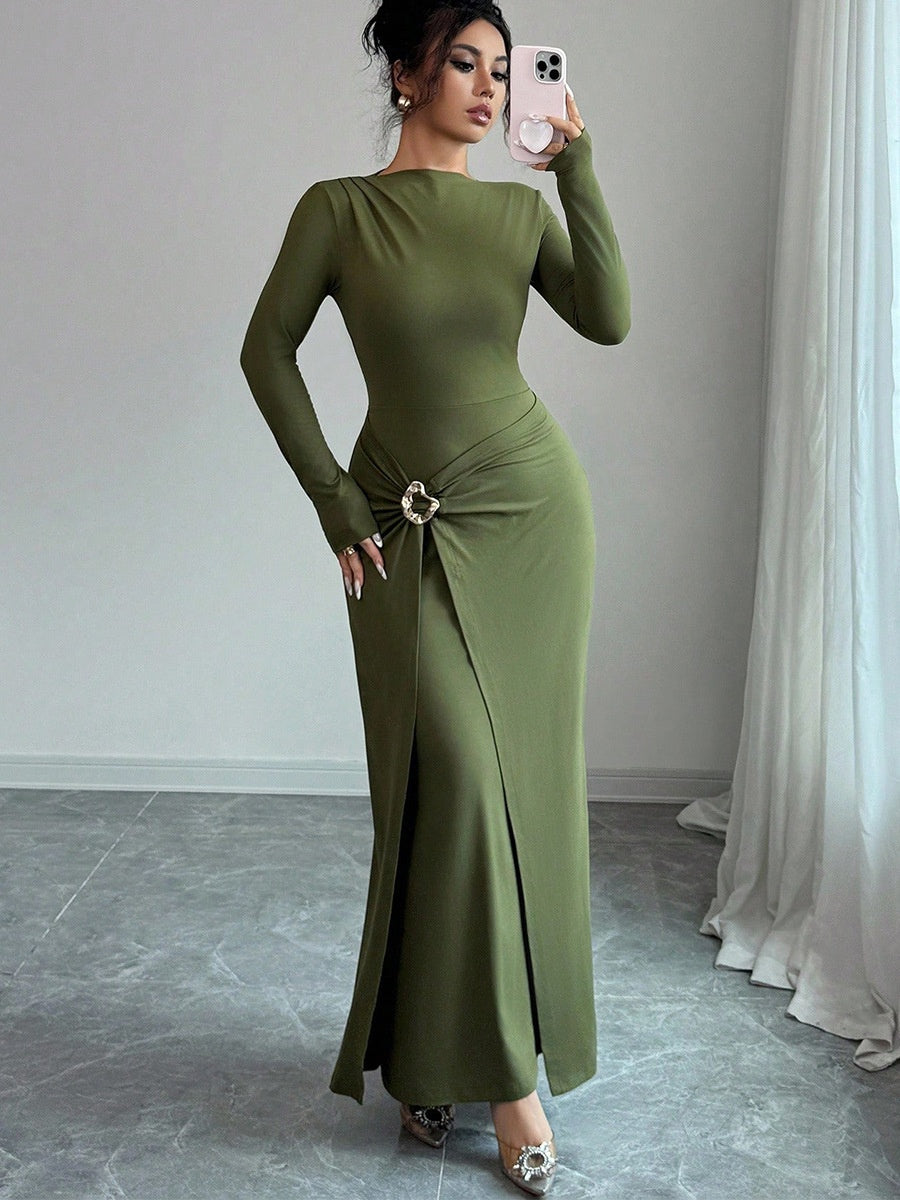 Green Metal Decoration Long Sleeve Hip Knitting Stretch Maxi Dresses