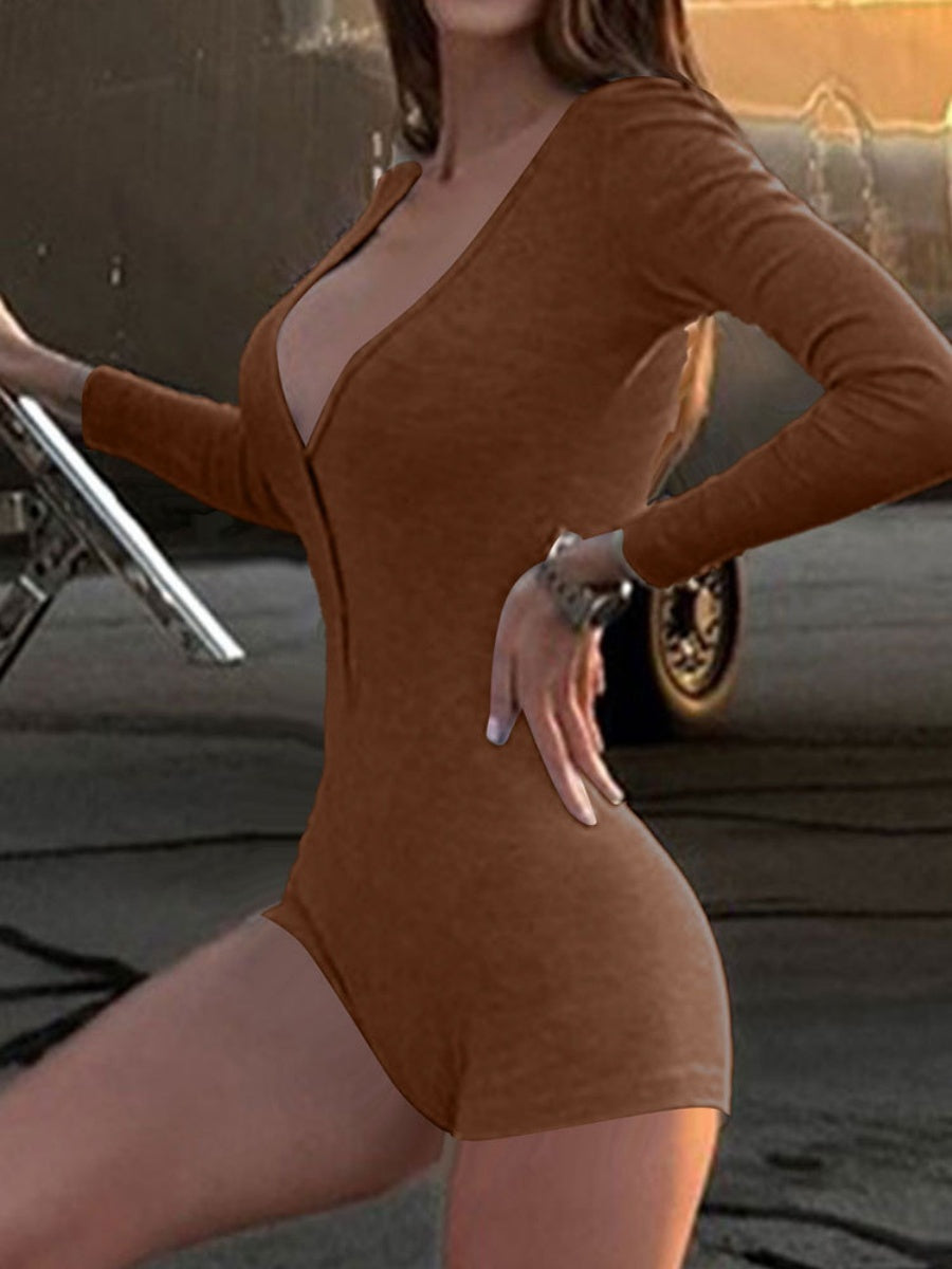 Deep V-neck Buttons Slim Fit Long Sleeve Shorts Sports Sexy Soft Comfortable Bodysuit/pants