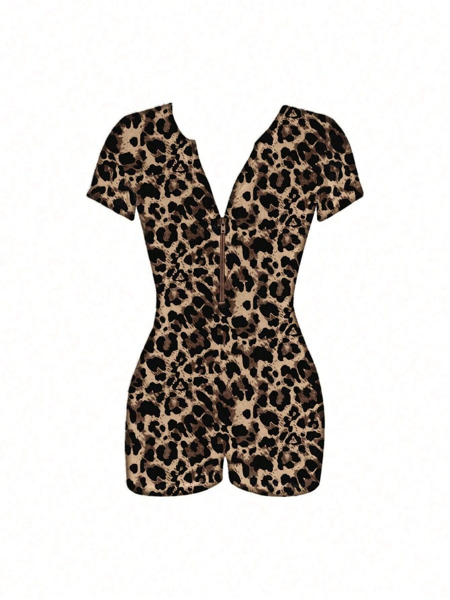 Leopard Print Short-sleeved V-neck Tight-fitting And Butt-lifting Jumpsuits