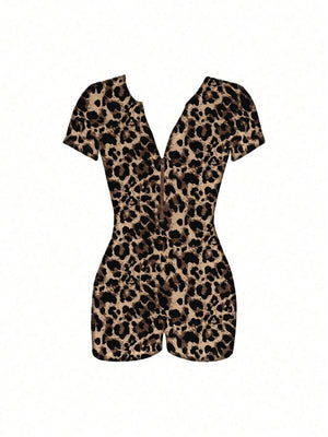Leopard Print Short-sleeved V-neck Tight-fitting And Butt-lifting Jumpsuits