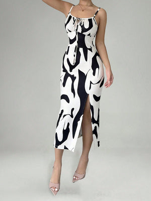 Zebra Print Sexy Vacation-style Slip Dress With Slit Midi Dress