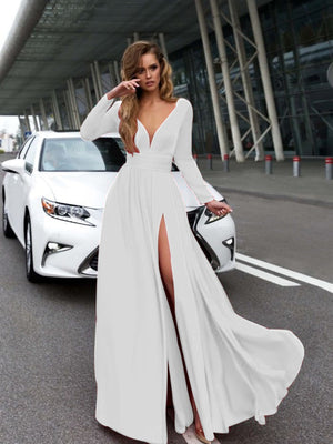 Sexy Deep V Long Sleeves Solid Color Maxi Dresses