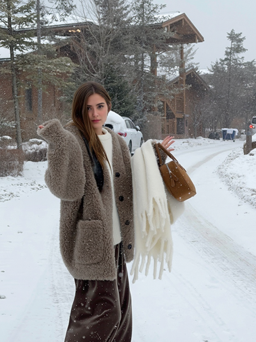 Lambswool V-neck Fur Fleece Lined Cotton-padded Jacket