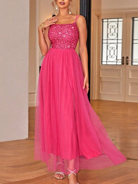 Sequins Mesh Splicing Suspenders Sweet Maxi Dresses